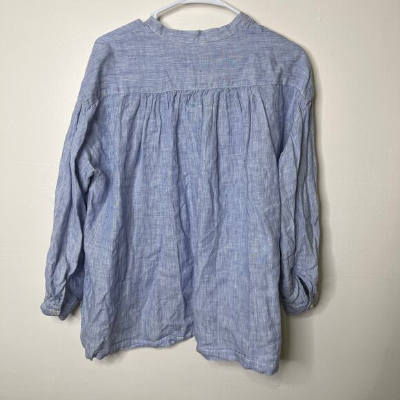 100% Linen Blouse Top XS/S Blue Striped Oversized Long Sleeve Coastal - Picture 2 of 4